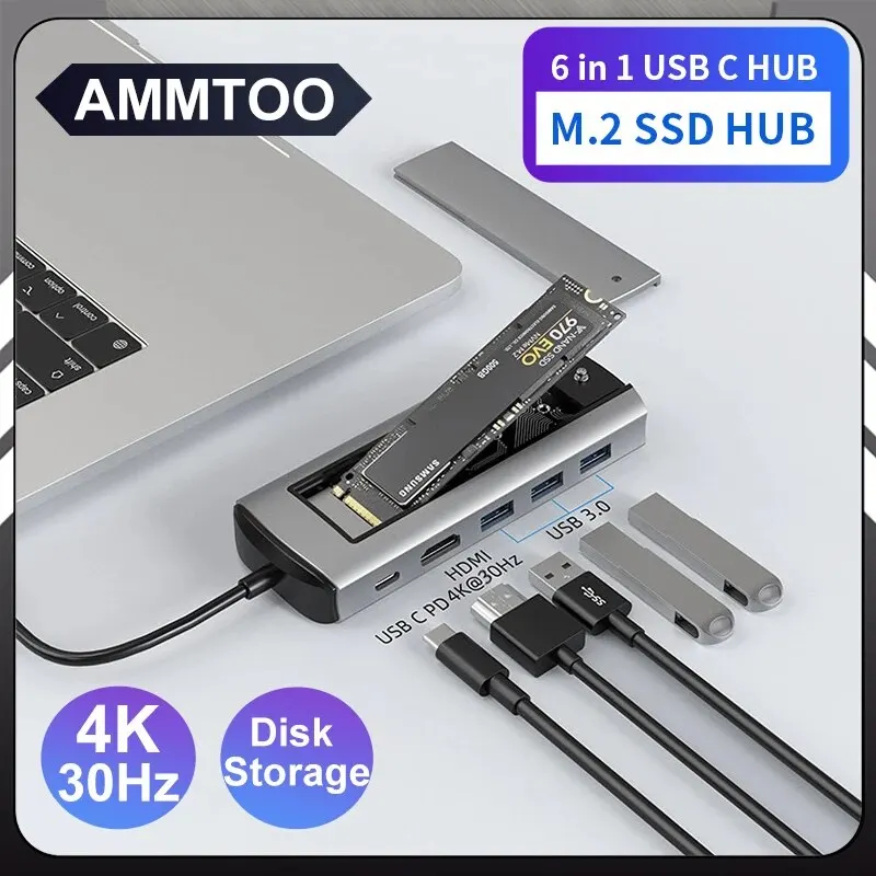 6 in 1 m. 2 SSD Hub USB-C-Dock-Station mit Disk-Speicher-Funktion USB-3,0 Typ C zu HDMI-kompatiblen Laptop für macbook Laptop PC Image