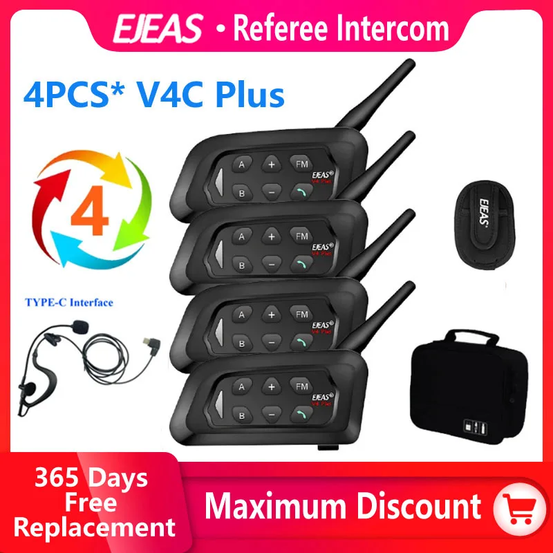 Ejeas 4pcs v4c plus Fußball Schiedsrichter Intercom Headset 1500m Voll duplex Bluetooth Kopfhörer Konferenz Inter phone Handtasche Image