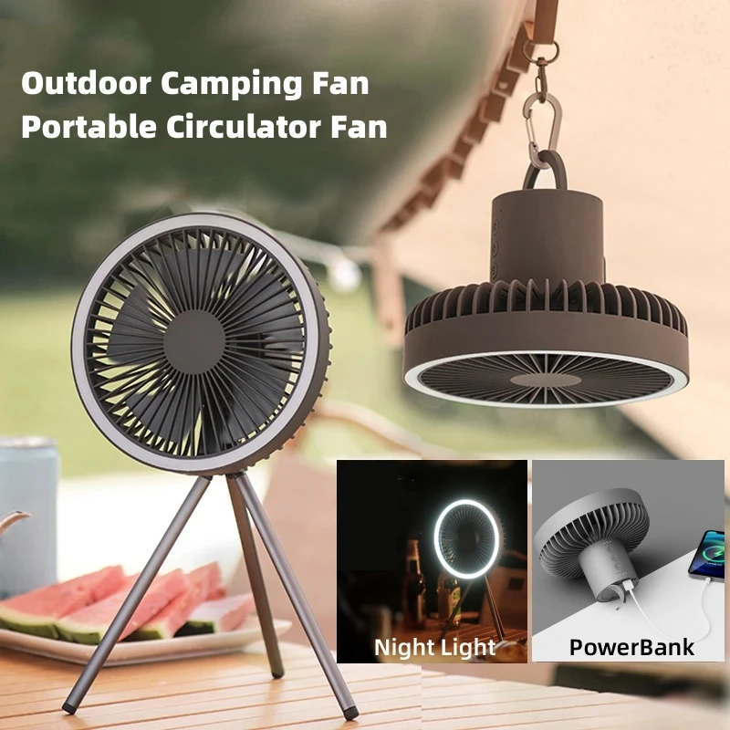 Camping-Ventilator, 10.000 mAh, wiederaufladbar, tragbarer Desktop-Luftzirkulator, kabelloser elektrischer Deckenventilator mit Powerbank, LED-Lichtstativ Image
