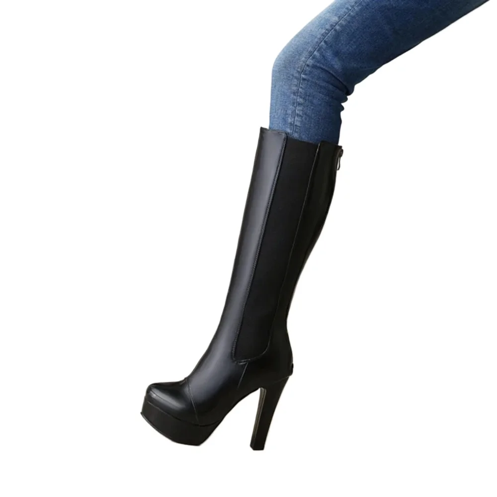 BLXQPYT Womens Designer Stiefel Leder Runde Kappe Zip Kniehohe Stiefel High Heels Gothic Schuhe Mode Sexy Super Große Größe 50 702