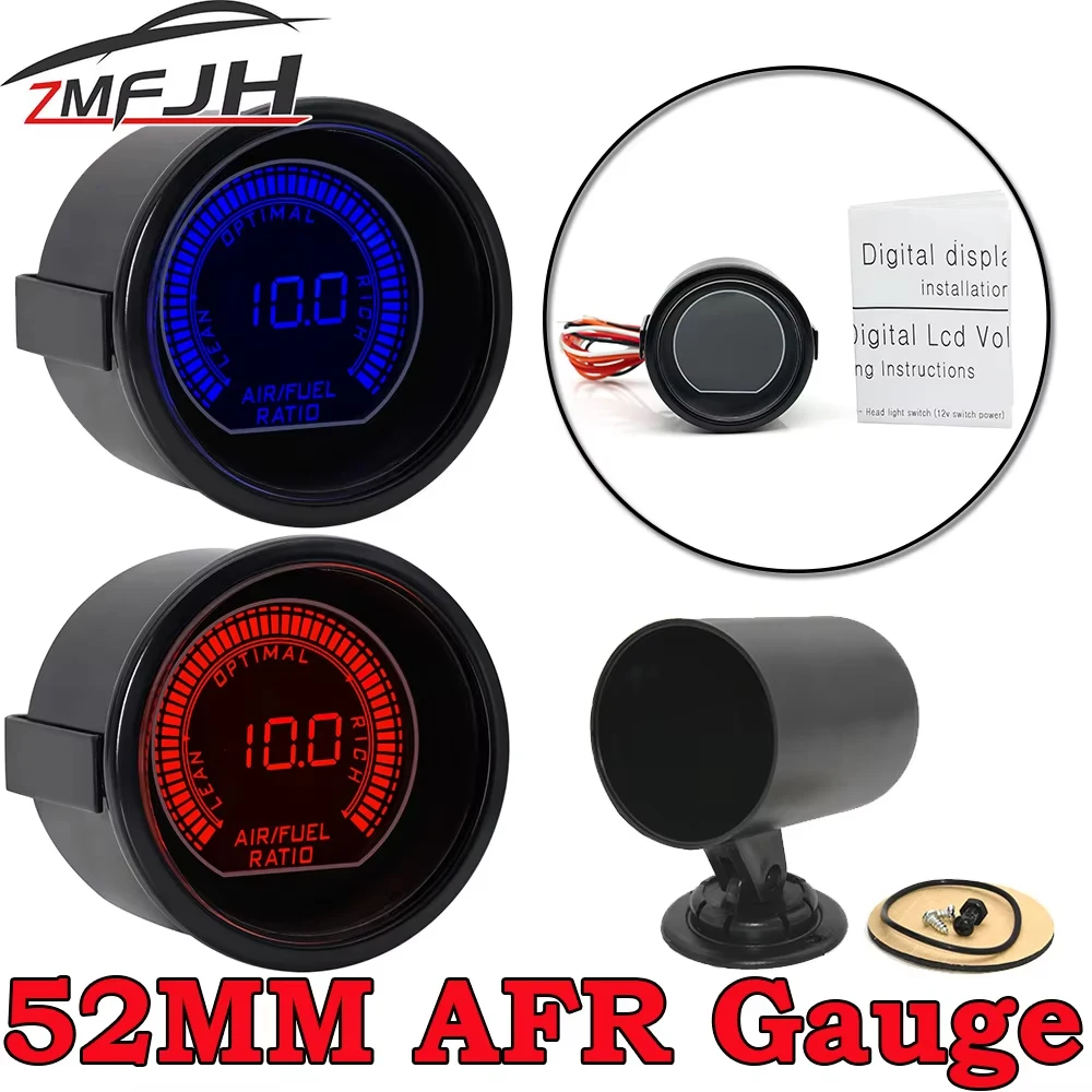 2 ''52mm Luft-Kraftstoff-Verhältnis-Anzeige 20:1 ~ 10:1 afr Meter rot & blau Dual-LED-Auto-Anzeige mit schwarzem Einzel halter für 12V Rennwagen Image