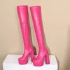 Punk Gothic Chunky Heels Overknee Stiefel Frauen Plattform Reiß verschluss Stretch Oberschenkel Stiefel Ultra High Heels Rose Rot Grün Schuhe 43