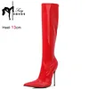 Rote spitze kniehohe Stiefel Frauen sexy 13cm dünne Absätze High Heels Schuhe weibliche Mode Seiten reiß verschluss sexy Herbst neue Stiefel Größe 46