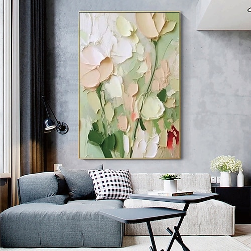Blumen-Ölgemälde auf Leinwand, handgefertigt, abstraktes Rosenblumengemälde, handgemaltes Blumenlandschaftsgemälde, florale Wandkunst, Leinwand, Frühlingsgemälde für Wohnzimmer, Schlafzimmer, Image