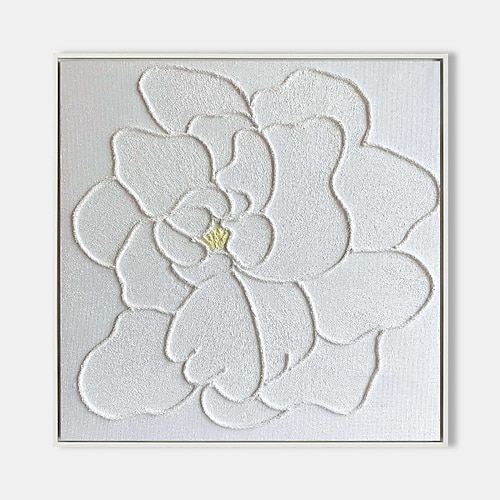 3D-Ölgemälde mit weißer Blume, handgemalt, dickes strukturiertes Ölgemälde, beige-weißes Gemälde auf Leinwand, abstraktes strukturiertes Ölgemälde für Wandkunst, Gemälde für Wohnzimmer Image