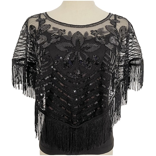 Vintage-Glamour-Schal – atmungsaktiv, mit Pailletten verziert, mit Quasten besetzt, eleganter Flapper-Stil mit passendem Mantel für Damen-Abendgarderobe – dünn, kurz, Kittel-Design, perfekt für Image