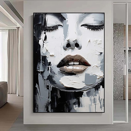 Schönheit, schlafende Wandkunst, abstraktes Gesichtsgemälde, handgemaltes schwarz-weißes Strukturgemälde, Spachtel, Wandkunst, Heimdeko, Mädchengesicht, Mädchenzimmer, Heimdeko, gespannter Rahmen, Image