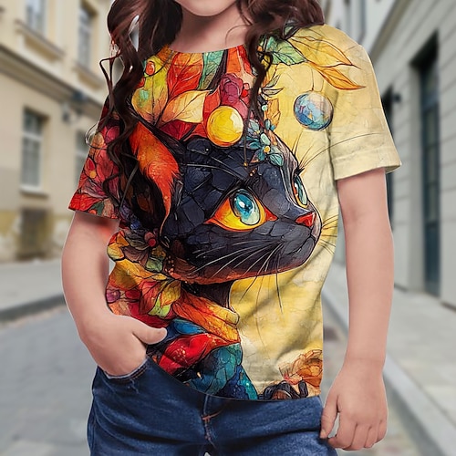 Mädchen 3D Graphic Katze T-Shirt Kurzarm Sommer Frühling Modisch Basic kinderkleidung 4-12 Jahre Rundhalsausschnitt Outdoor Casual Täglich Regular Fit Image
