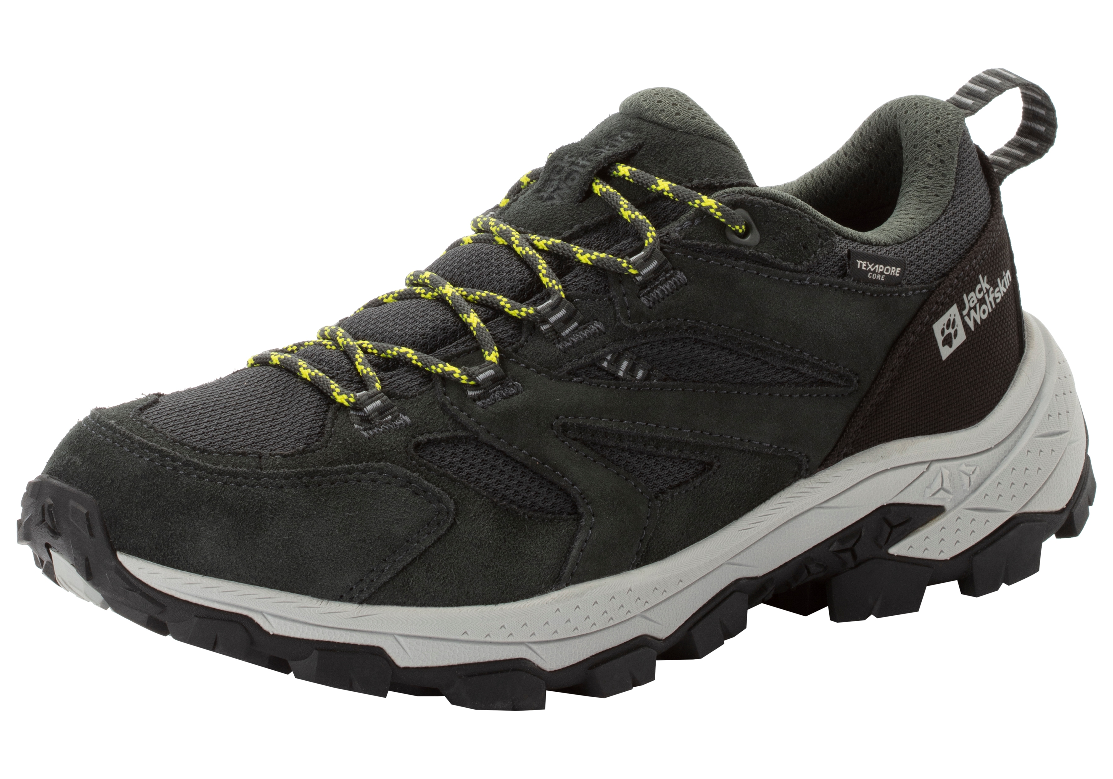 Wanderschuh JACK WOLFSKIN "VOJO TOUR TEXAPORE LOW M", Herren, Gr. 42, grün (schwarz forest), Synthetik, Textil, Schuhe Wanderschuh, Wasserdicht, Trekkingschuh