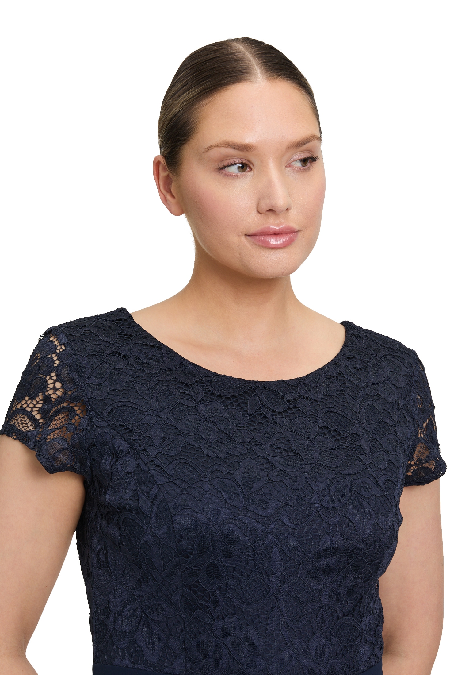 Overall VERA MONT "Vera Mont Damen Jumpsuit kurzarm", Damen, Gr. 40, blau (night sky), Obermaterial: 95% Polyester, 5% Elasthan. Besatz: 100% Polyester. Futter: 100% Polyester., Elegant, ausgestellt, Rundhals, Overalls, Design Image