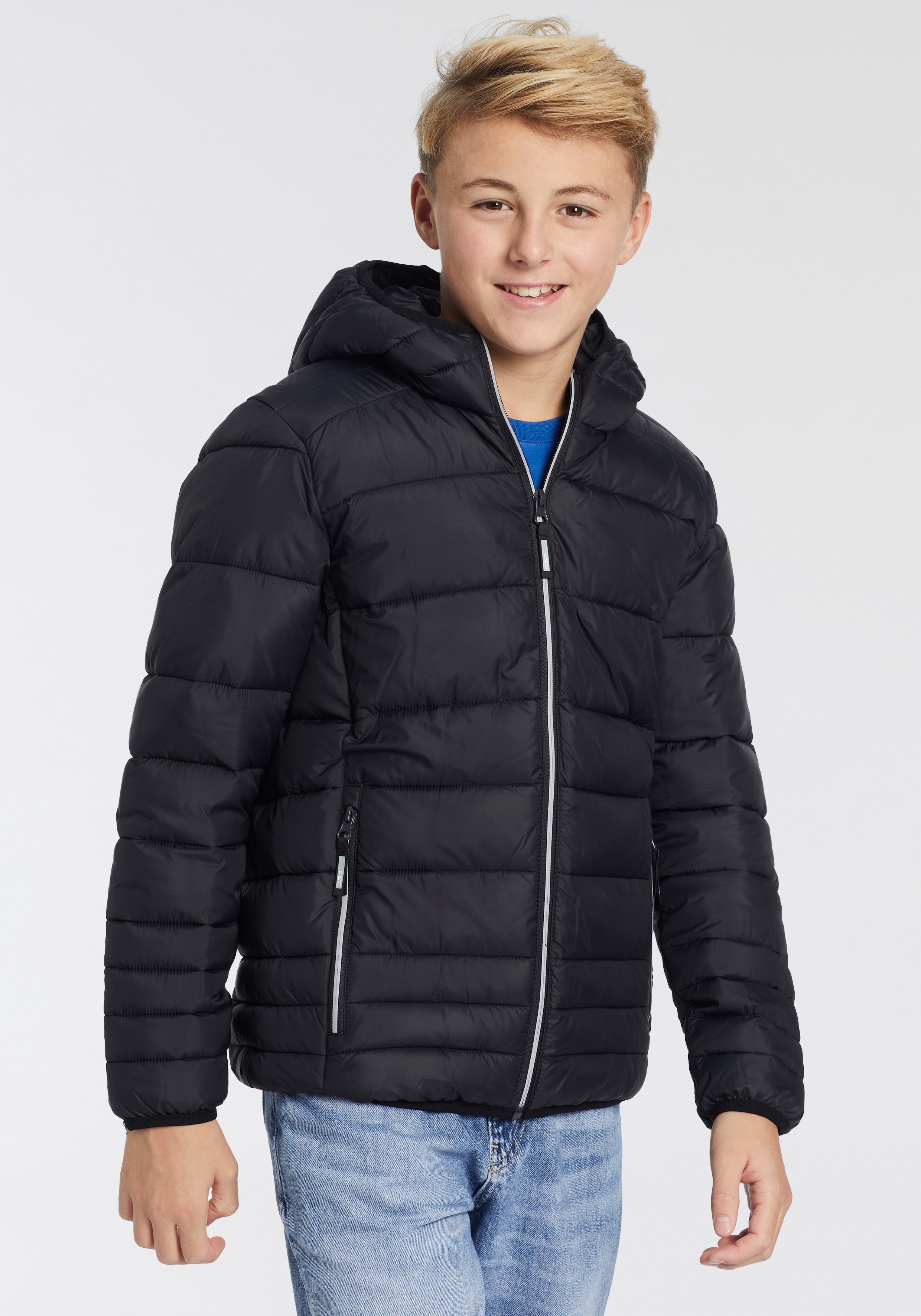 Steppjacke CMP "KID JACKET FIX HOOD", Kinder, Gr. 164, schwarz (nero), Softshell, Obermaterial: 100% Polyester. Futter: 100% Polyester. Wattierung: 100% Polyester, unifarben, hoch geschlossener Ausschnitt, eingesetzt eingefasste Kante, Jacken,... Image