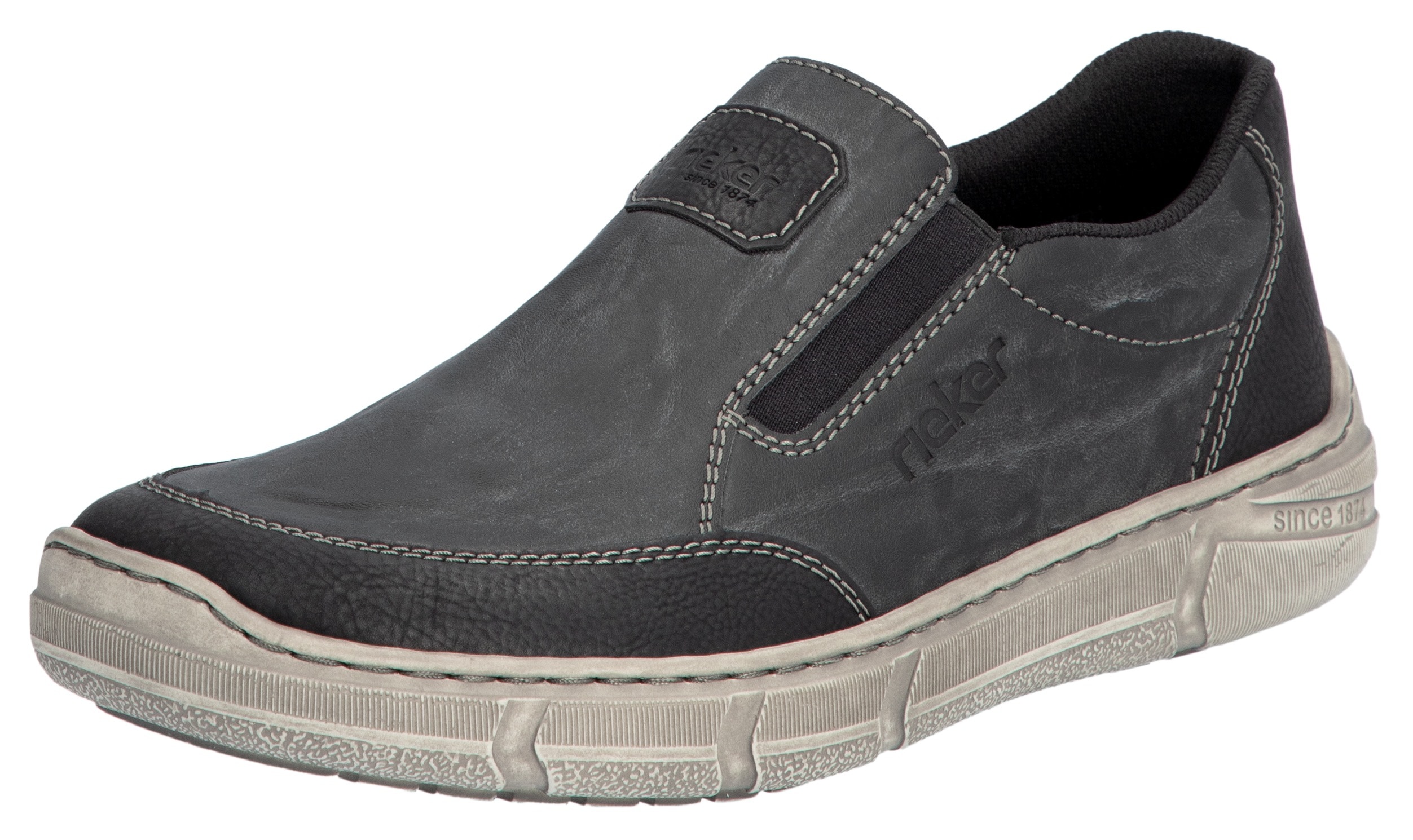 Slipper RIEKER, Herren, Gr. 46, grau (grau, schwarz), Lederimitat, Schuhe Slipper, Slip-on Sneaker, Halbschuh, Schlupfschuh mit beidseitigem Gummizug