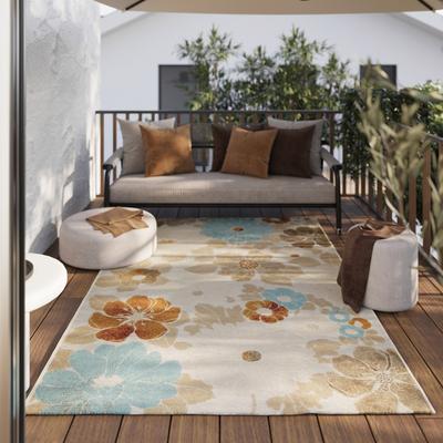 Outdoorteppich WECON HOME "Beach Flower", bunt (beige,hellblau,gelb), B:120cm H:5mm L:170cm, Polypropylen, Teppiche, Läufer, für Innen & Außen, pflegeleicht, Hoch-Tief Effekt Image