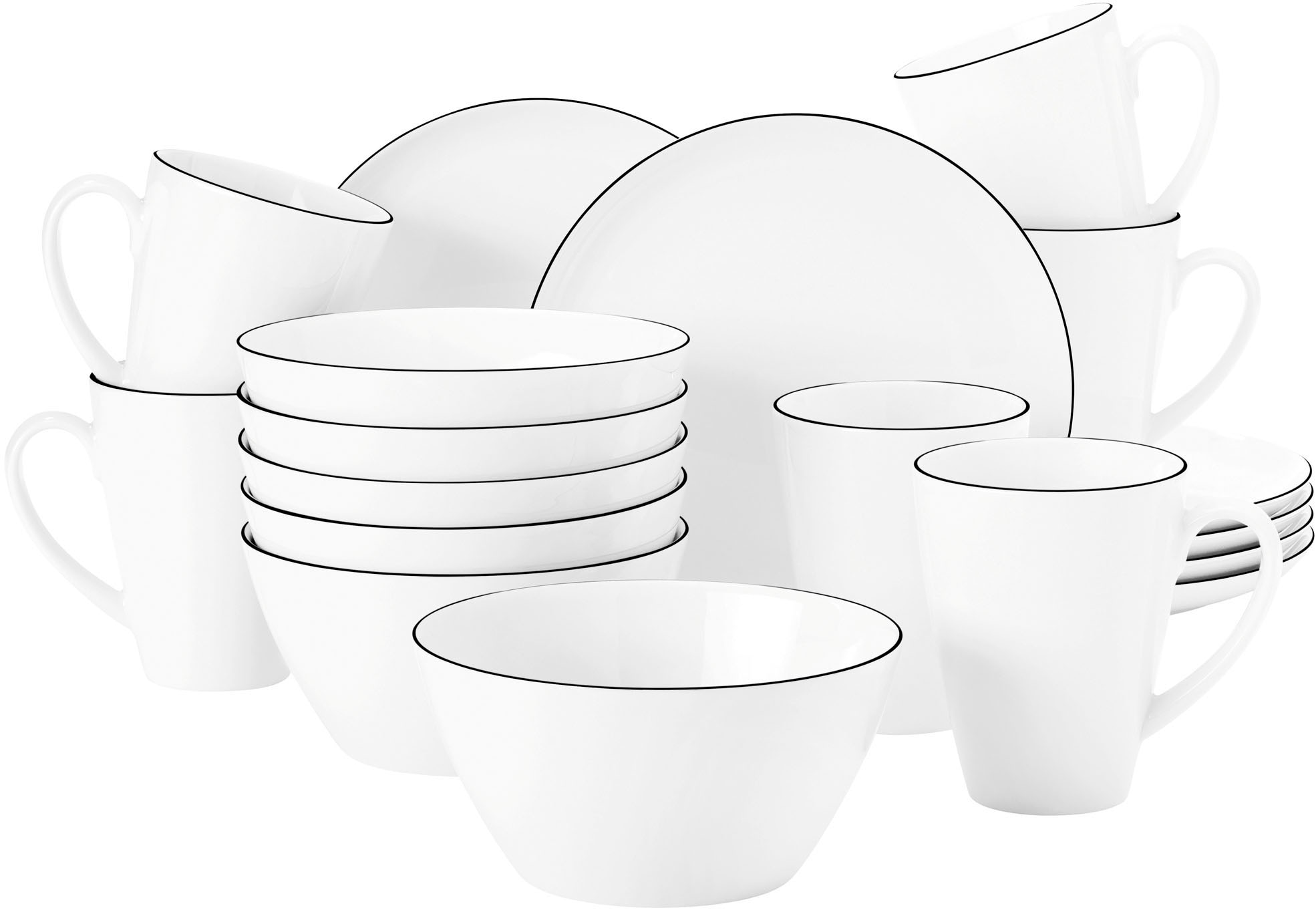 Frühstücks-Geschirrset SELTMANN WEIDEN "Geschirr-Set, 18 Teile, Lido Black Line, rund", schwarz-weiß (weiß, schwarz), 18 Stk., Porzellan, Geschirr-Sets, Becher, Teller, Schalen, 18 Teile, 6 Personen, Made in Germany