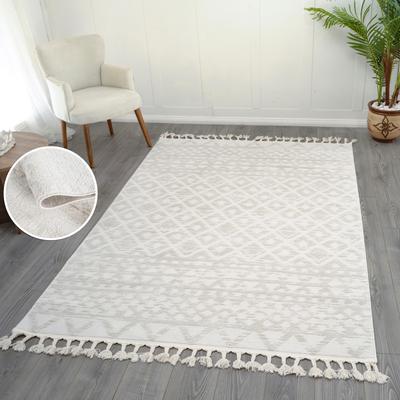 Teppich MY HOME "Ribeyret" Gr. 4, beige (creme), B:160cm H:11mm L:230cm, Kunstfaser, Teppiche, mit Fransen, Hoch-Tief-Struktur, Woll-Look, Boho-Style, Wohnzimmer Image