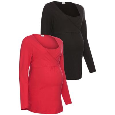 Umstandsshirt NEUN MONATE "2er Pack Shirts für Schwangerschaft und Stillzeit", Damen, Gr. 40/42, schwarz (schwarz, rot), Jersey, Obermaterial: 95% Baumwolle, 5% Elasthan, unifarben, Basic, Basic, V-Ausschnitt, Langarm, Shirts, Langarm,...