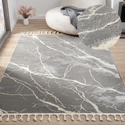Teppich MY HOME "Zoe" Gr. 4, grau (dunkelgrau), B:160cm H:11mm L:230cm, Kunstfaser, Teppiche, mit Fransen, modernes Marmor-Design, Wohnzimmer, Schlafzimmer Image
