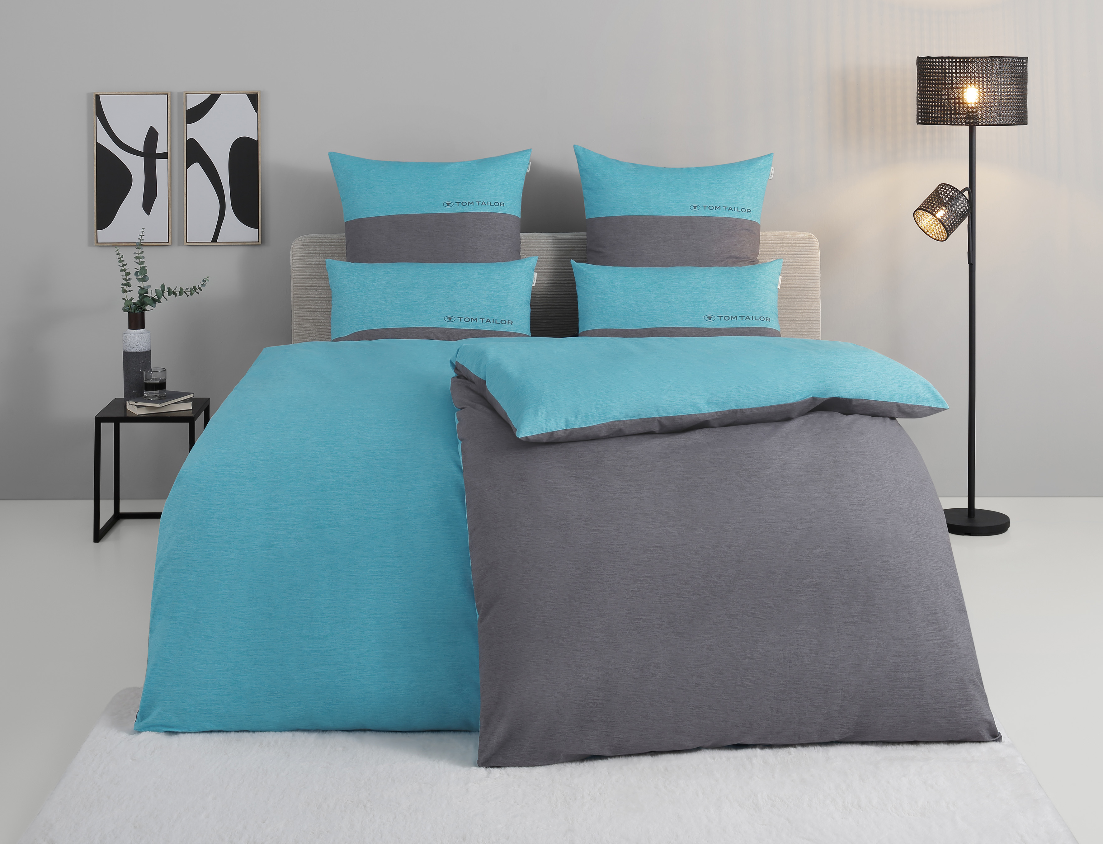 Bettwäsche TOM TAILOR HOME "Henry", grau (türkis, anthrazit), B/L: 155cm x 220cm, 1 Stk., 1 Stk., Renforcé, B/L: 80cm x 80cm, 3, Renforcé, Obermaterial: 100% Baumwolle, Bettwäsche, Bettwäsche aus Baumwolle, mit GRATIS-Zugabe: Sporthandtuch Image