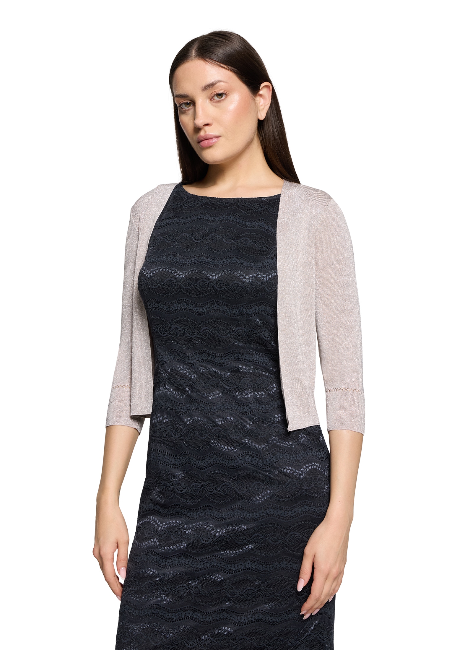 Strickjacke VERA MONT "Damen ohne Verschluss", Damen, Gr. M, beige (silber, beige), Strick, Obermaterial: 80% Viskose, 20% Polyester, figurumspielend normal, Strickjacken Strickjacke, Glitzer