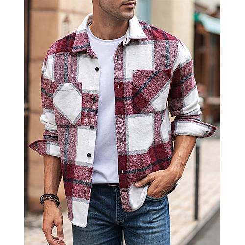Herren Hemdjacke Überhemden übergangsjacke Täglich Leicht Tasche Frühling Karomuster Klassisch Revers Regulär Rot Grün Khaki Grau Jacken Image