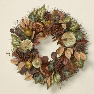 Pumpkin and Foliage Fall Wreath Brown Green , Brown Green