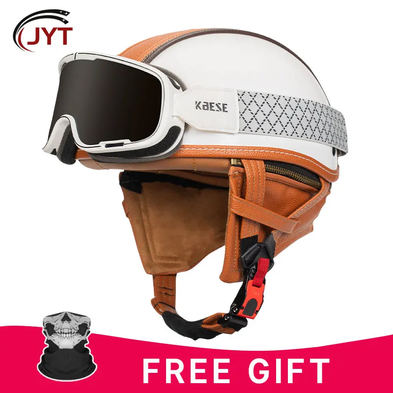 Retro Halb gesicht Helm Kask Leder Motorrad Helm Vintage Motorrad Helm Männer Frauen Unisex Roller Cruiser MTB Punkt genehmigt Image