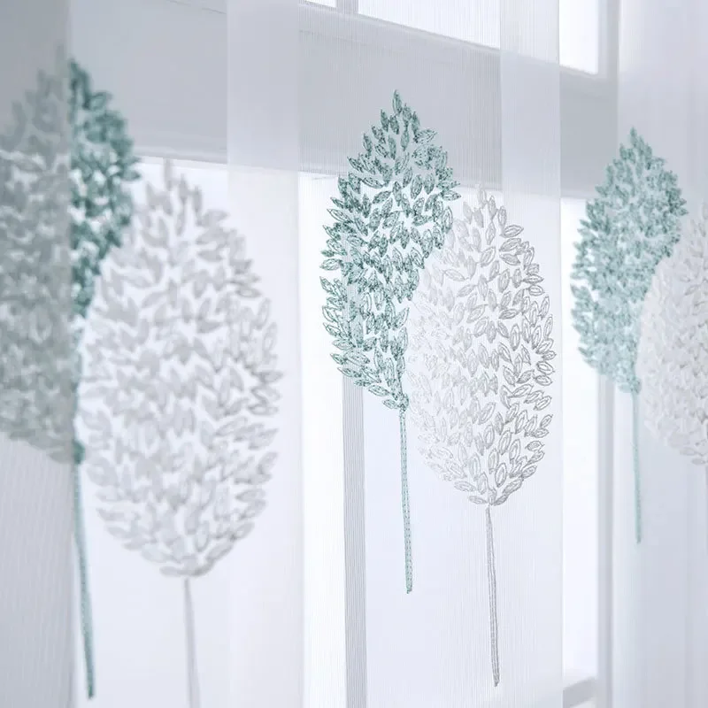 Blatt bestickter Bildschirm, Fenstergitter, blau, weiß, doppelter Baum, Gaze, Tüll, 1 Stück, Vorhänge, Wohnzimmer, Schlafzimmer, Balkon, Erkerfenster Image