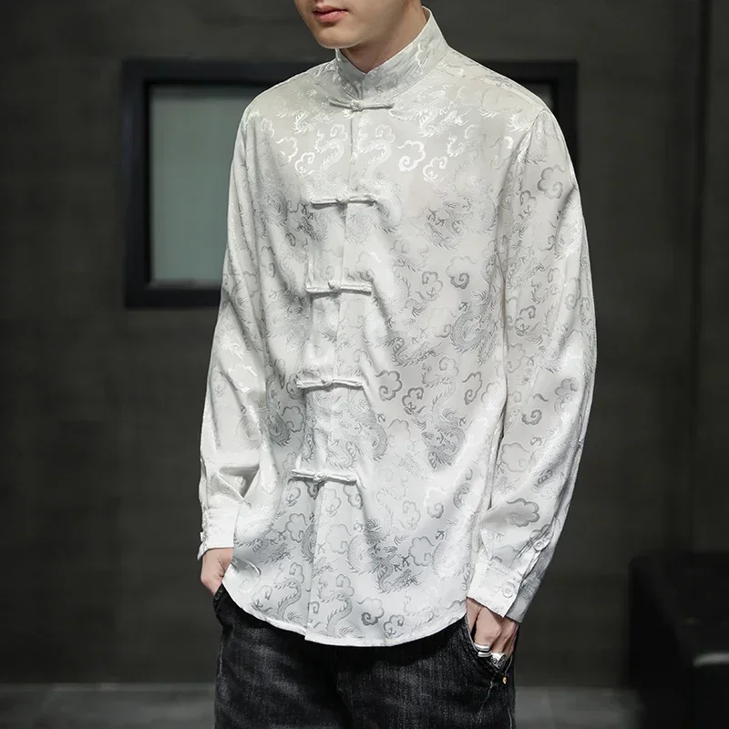 Schnalle elegante Tang Jacken Silber Mandarine Kragen Bluse rot chinesische Neujahrs kleidung große Größe blau Satin Seiden hemden für Herren