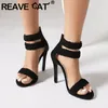 Reave Katze Marke Frauen Sandalen Peep Toe dünne Absätze 11cm Herde Wildleder Größe 45 46 47 48 Stricken sexy Party Damenschuhe