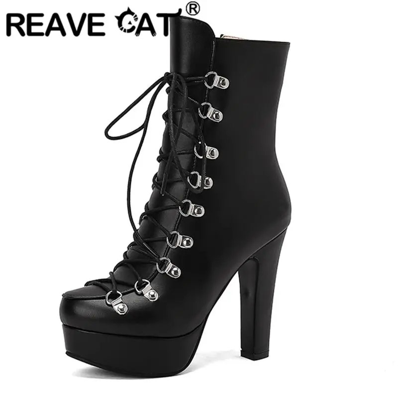 Reave Katze Mode Frauen Stiefel runde Zehen Block High Heels 12cm Plattform Schnürung 48 49 50 sexy Party Bota Image