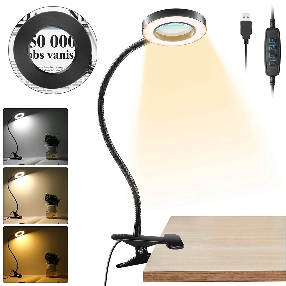5-fache Lupe, LED-Schreibtischlampe mit Klemme, 3 Farbmodi, dimmbar, USB-betrieben, flexible Schwanenhals-Leselampe, Tischlampe