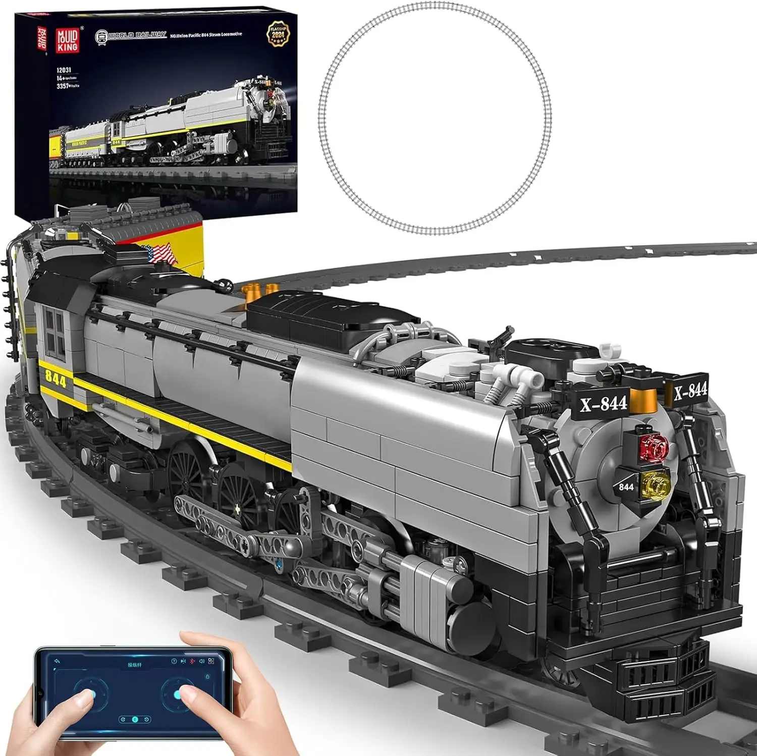 MOLD KING 12031 Technische Eisenbahn Union Pacific 844 Dampflokomotive Fernbedienung Bausteine Spielzeug Weihnachtsgeschenk Image