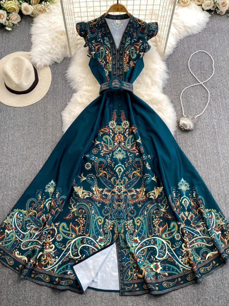 Vintage Gericht Stil Party Kleid Frauen Einreiher Sexy V-ausschnitt Gedruckt Lange Kleider Sommer Elegante Dünne A-linie Lange Robe