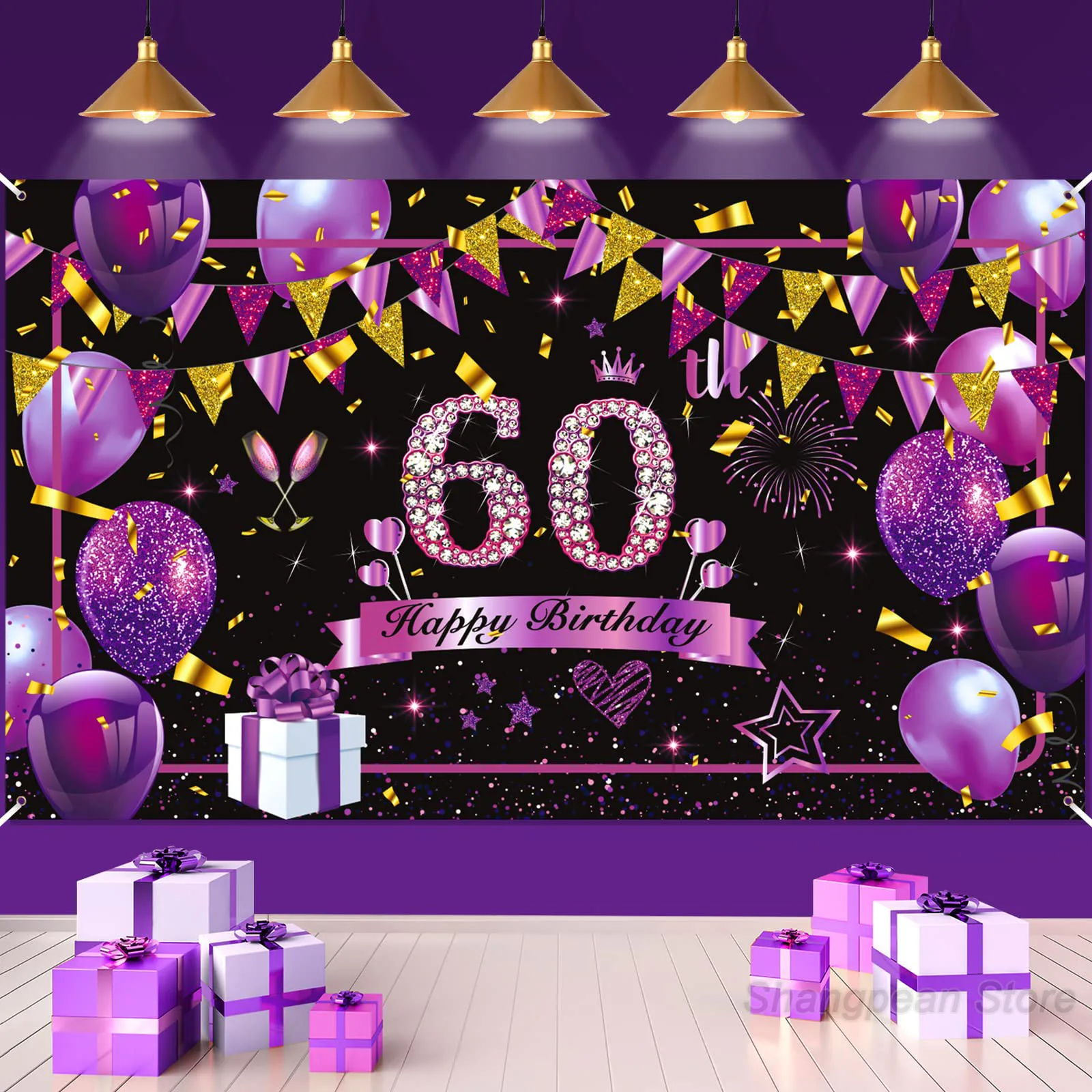 Dekorationen zum 60. Geburtstag, Banner „Happy Birthday“-Schild, großer, glänzender Hintergrund für Frauen, Geburtstag, Jahrestag, Partyzubehör Image