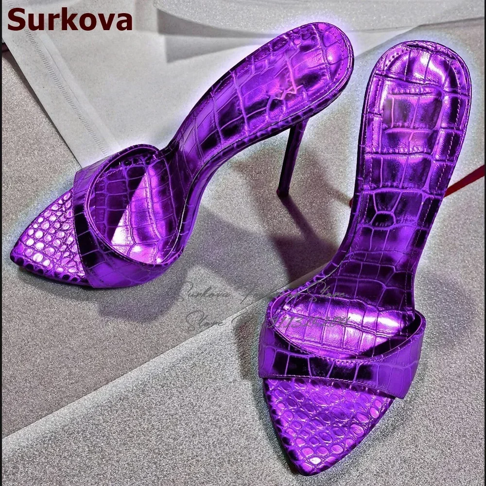 Surkova Lila Gold Krokodil Stiletto Heel Hausschuhe Spitzschuh Slip-on Sandalen Schlangenleder Sexy Kleid Schuhe Rosa Rot Größe 46