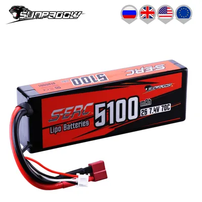 Sunpadow 2S 7.4V Lipo Battery for 5100mAh 70C Hard Case with T Deans XT60 Plug for RC Car Vehicle