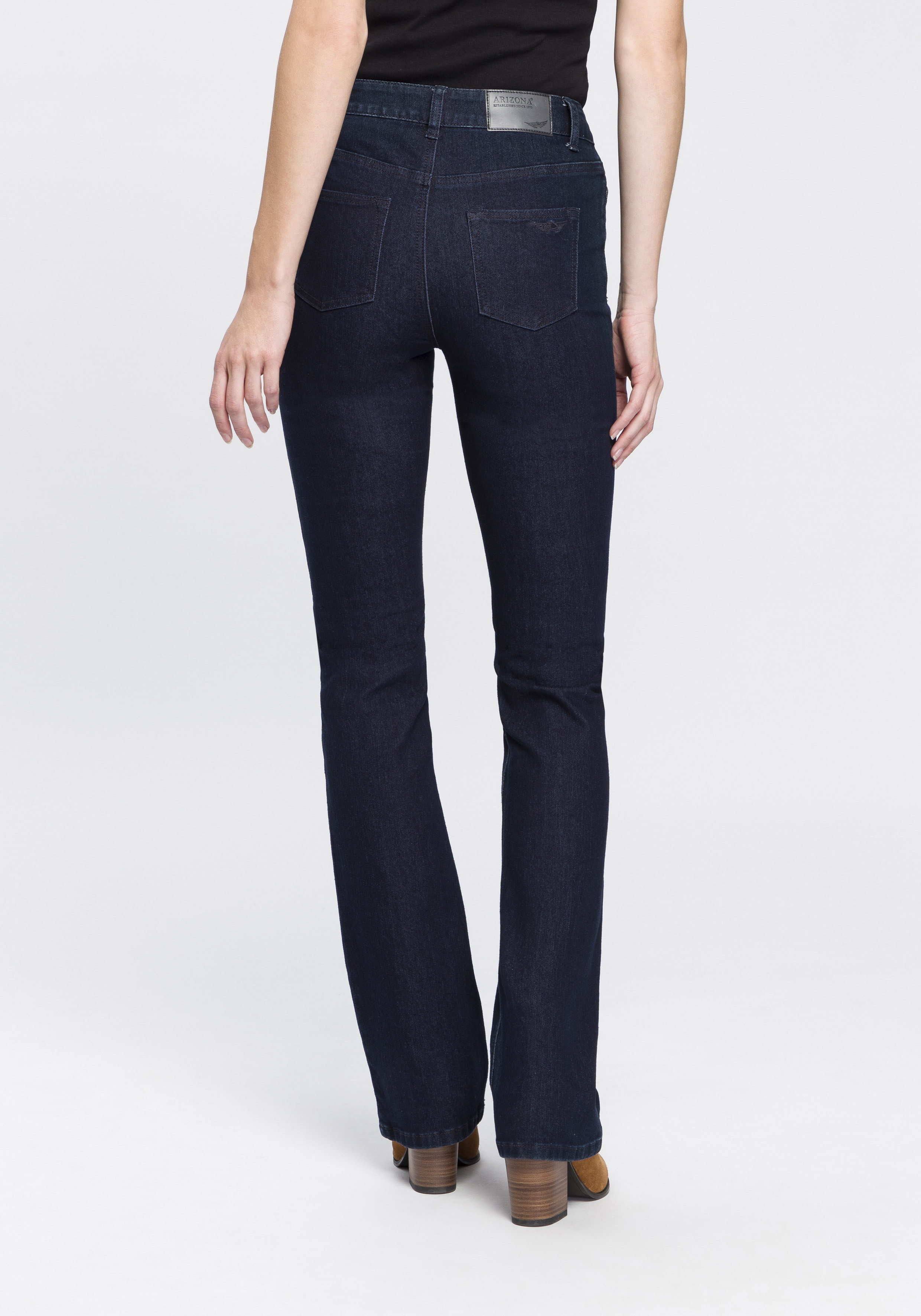 Bootcut-Jeans ARIZONA "Baby Bootcut", Damen, Gr. 22, K + L Gr, blau (rinsed), Denim/Jeans, Obermaterial: 69% Baumwolle, 29% Polyester, 2% Elasthan, clean, Basic, bootcut fit, Jeans, leicht ausgestelltes Bein, hohe Leibhöhe, Topseller