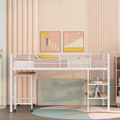 Twin Size Metal Loft Bed with Desk and Shelves