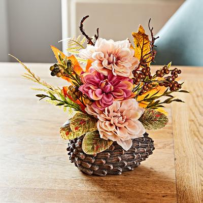 Kunstblumengesteck Dahlien auf Zapfen Eldo Image