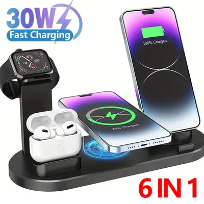 30W 6 In 1 Wireless Charger For Apple iPhone 15 14 13 12 11 X Apple Watch Airpods Fast Charging Dock Station for Android Samsung