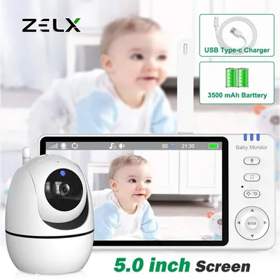 Video Baby Monitor 5 inch Screen With 4X Zoom PTZ Camera Two-way Audio Temperature Display Mother Kid Home Security Surveillance