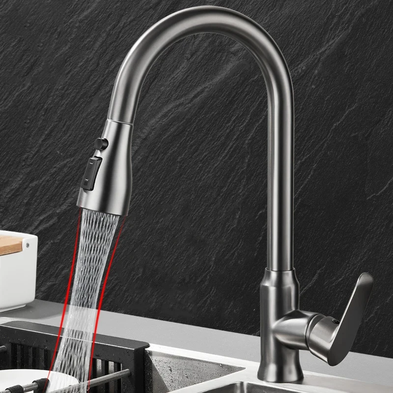 Robinet de cuisine gris/noir en bronze à canon, bec extractible à trou unique, mitigeur d'évier de cuisine, tête de pulvérisation à débit, robinet mitigeur chaud et froid