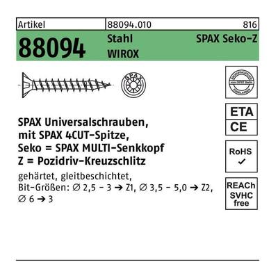 Schraube R 88094 Senkkopf m.Spitze/Kreuzschl.-PZ 5 x 70/60-Z Stahl galvanisch verzinkt WIROX