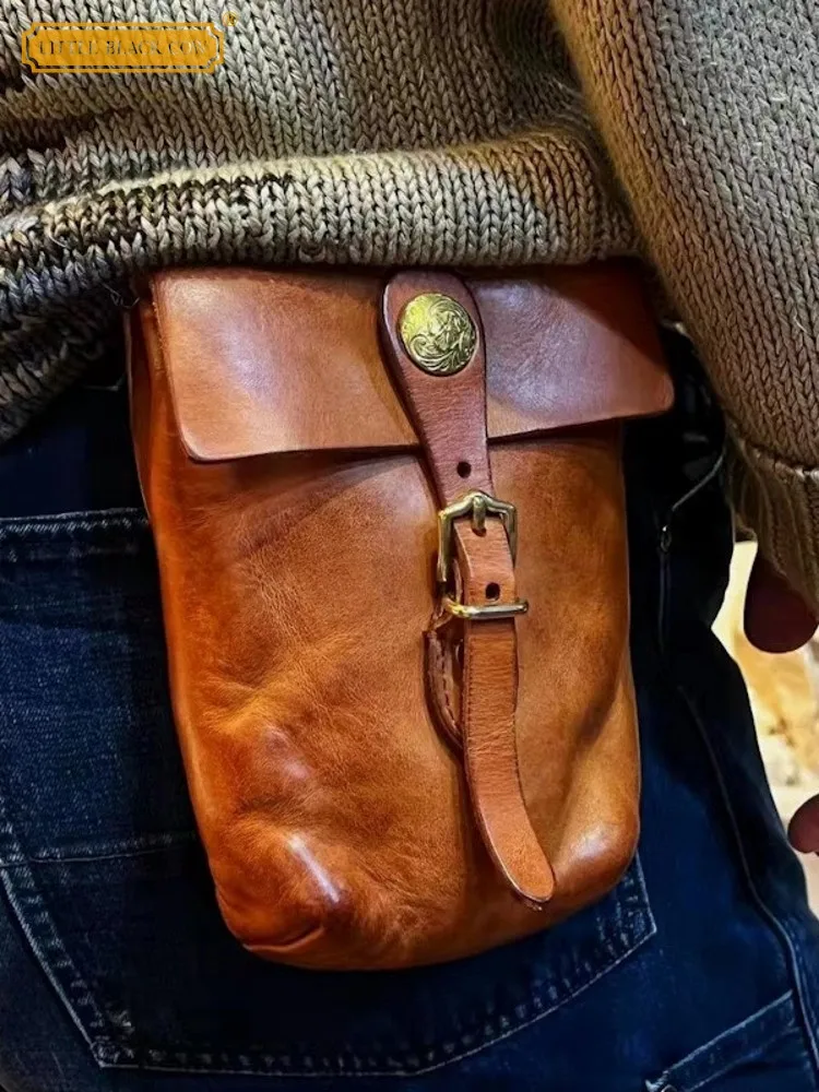 Hochwertige Männer Rindsleder Echt leder Hüft tasche kleine vertikale Handy tasche Vintage Arbeits klappe Mini-Tasche