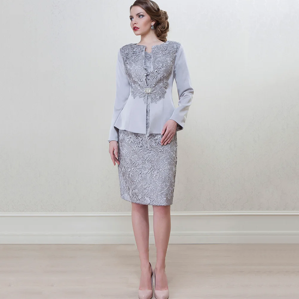 Silber Satin Mutter der Braut Kleid mit Jacke elegante U-Ausschnitt Spitze knielange kurze Kleider Hochzeits gast Kleider