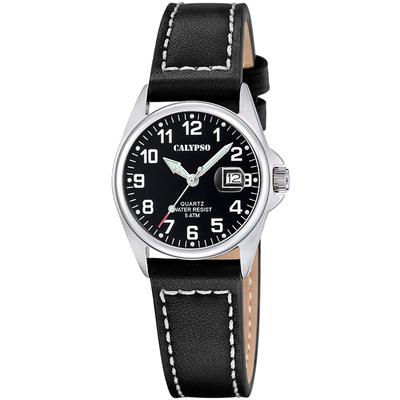 Quarzuhr CALYPSO WATCHES "Basic", schwarz, Armbanduhren, Damen, Armbanduhr, Damenuhr, Lederarmband, analog, Tag Image