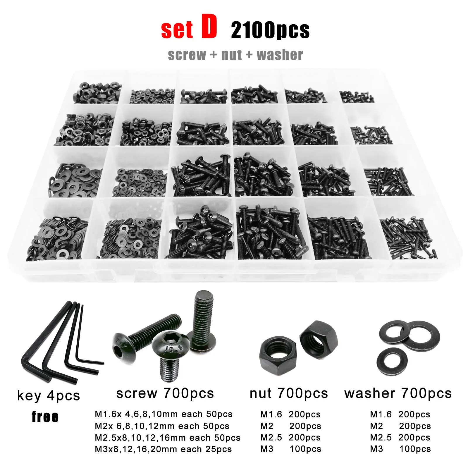 400/2100 Stück M1,6 M2 M2,5 M3 M4 M5 Schwarz Güteklasse 10,9 Stahl Sechskant Innensechskant Knopf Rundkopfschraube Bolzen Mutter Unterlegscheibe Set Kit Box Image