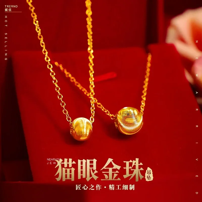 Reine 24 Karat 999 Gold Halskette Katzenauge Gold Perle Schlüsselbein Halskette weiblich plattiert 18 Karat Glück Gold Perle Anhänger Valentinstag Geschenk Image