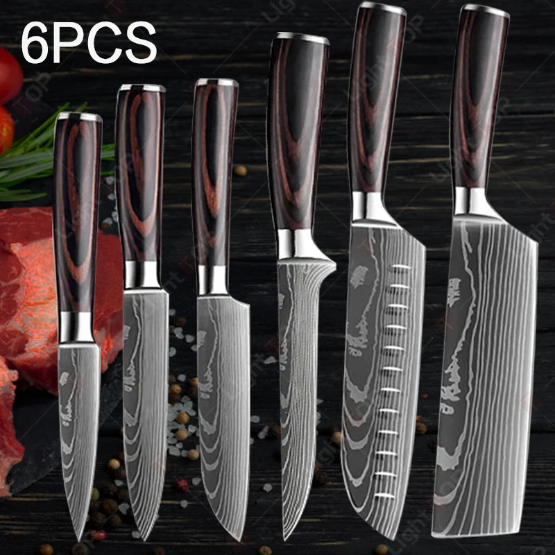 6 Stück Küchenmesser Set Edelstahl 7 cr17 440c Laser Damaskus Japanisch Santoku Hackmesser Schneiden Utility Obst messer Image