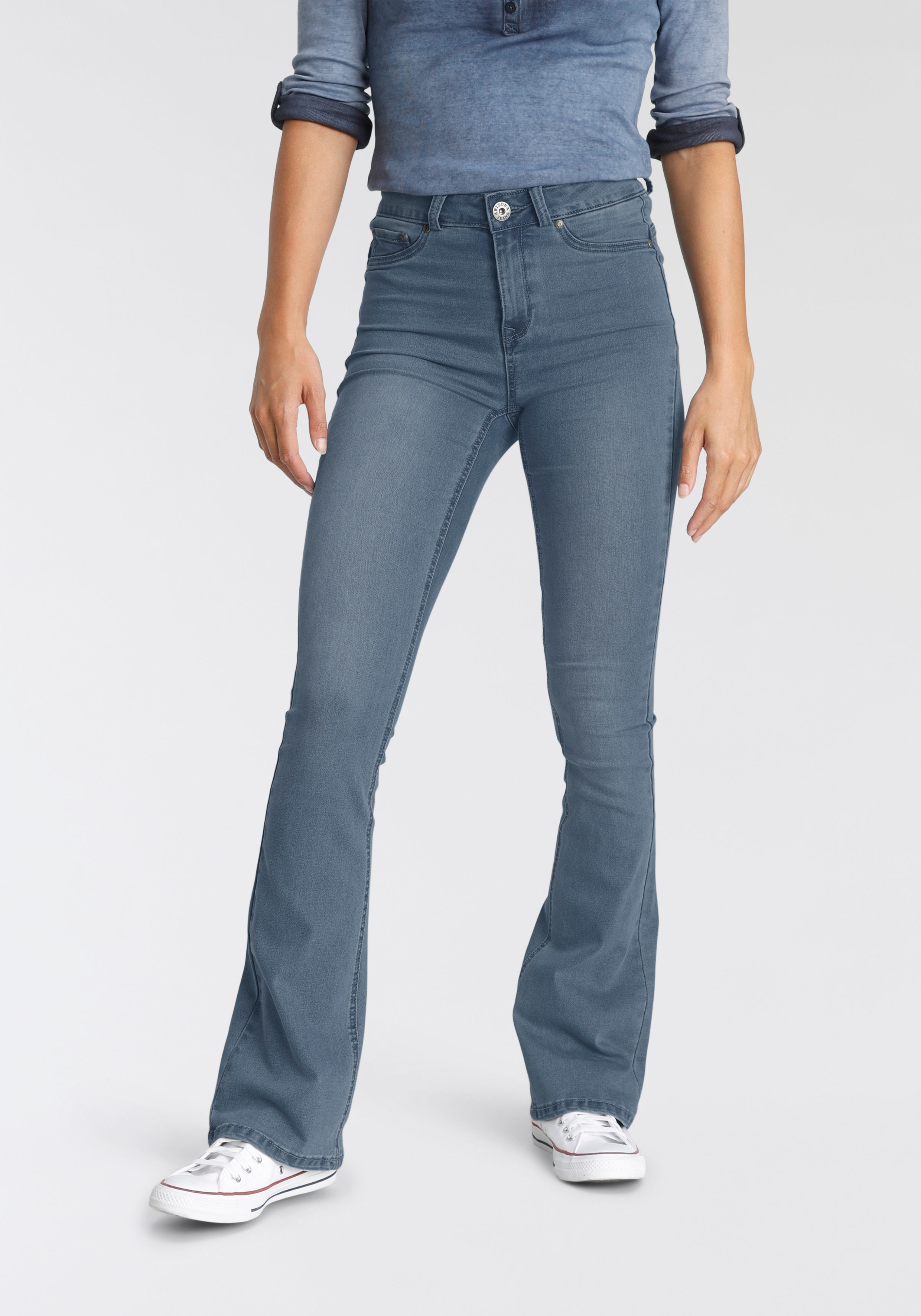 Bootcut-Jeans ARIZONA "Ultra Stretch", Damen, Gr. 48, N-Gr, blau (blau used), Denim/Jeans, Obermaterial: 63% Baumwolle, 32% Polyester, 5% Elasthan, eng lang, Jeans, ausgestellte Beinform, Used-Waschung, hohe Leibhöhe, Topseller Image